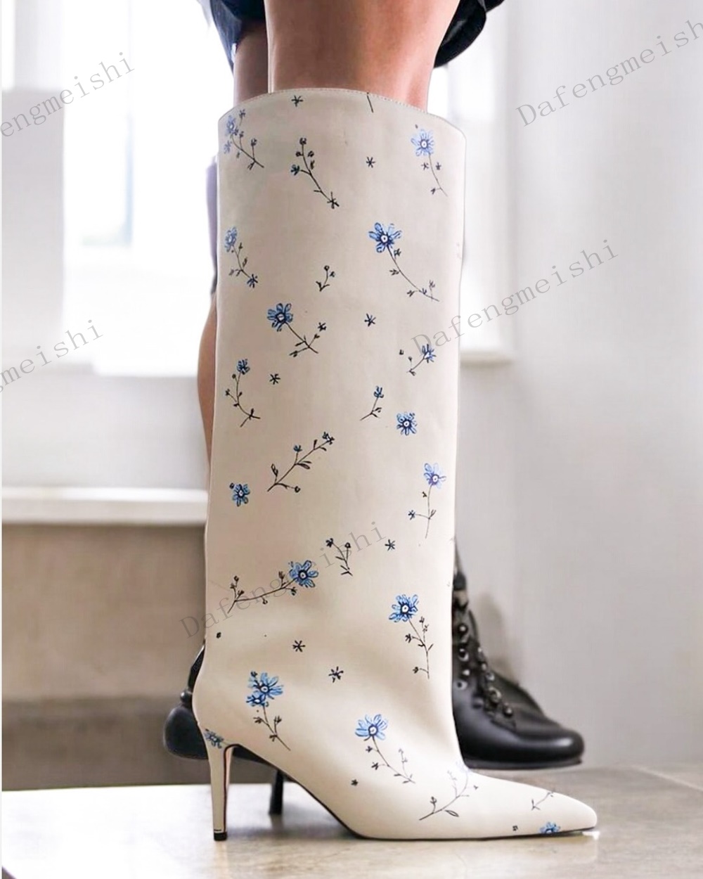 White Floral Print Knee High B - Women'S Fashion Knee High Boots ulasan dan harga