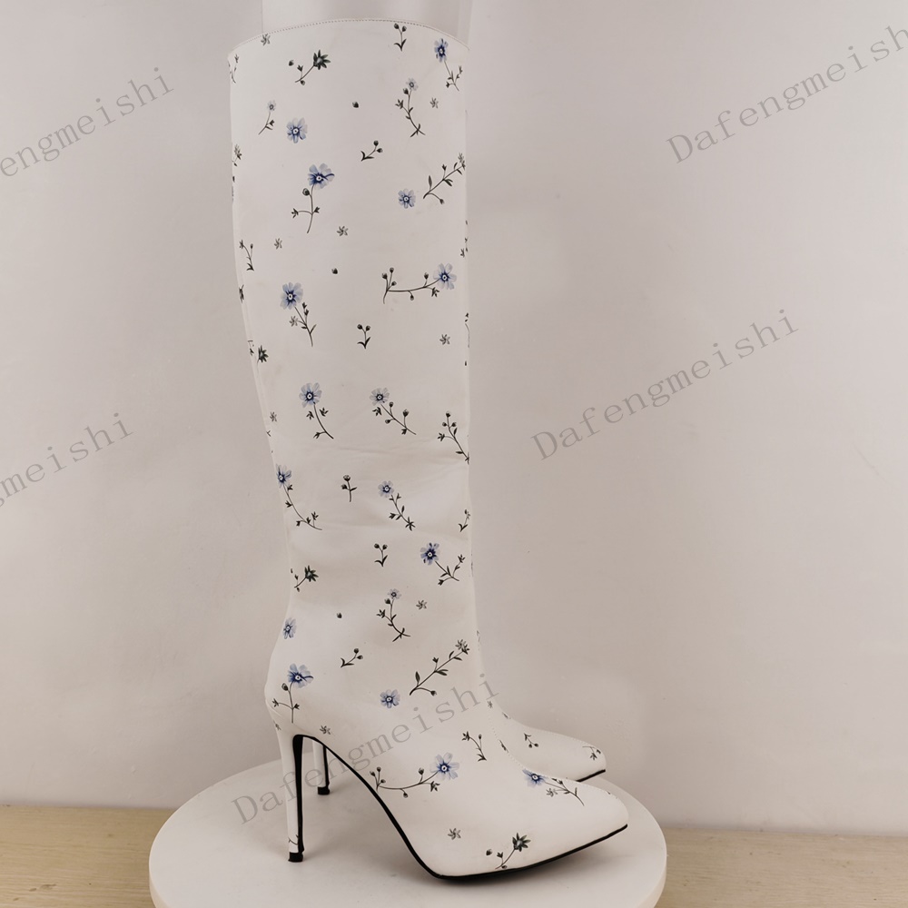 White Floral Print Knee High B - Women'S Fashion Knee High Boots ulasan dan harga